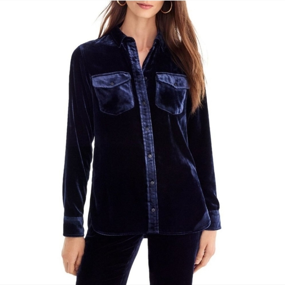 NWT J. Crew Women's Velvet Button Down Shirt - Deep Blue Navy